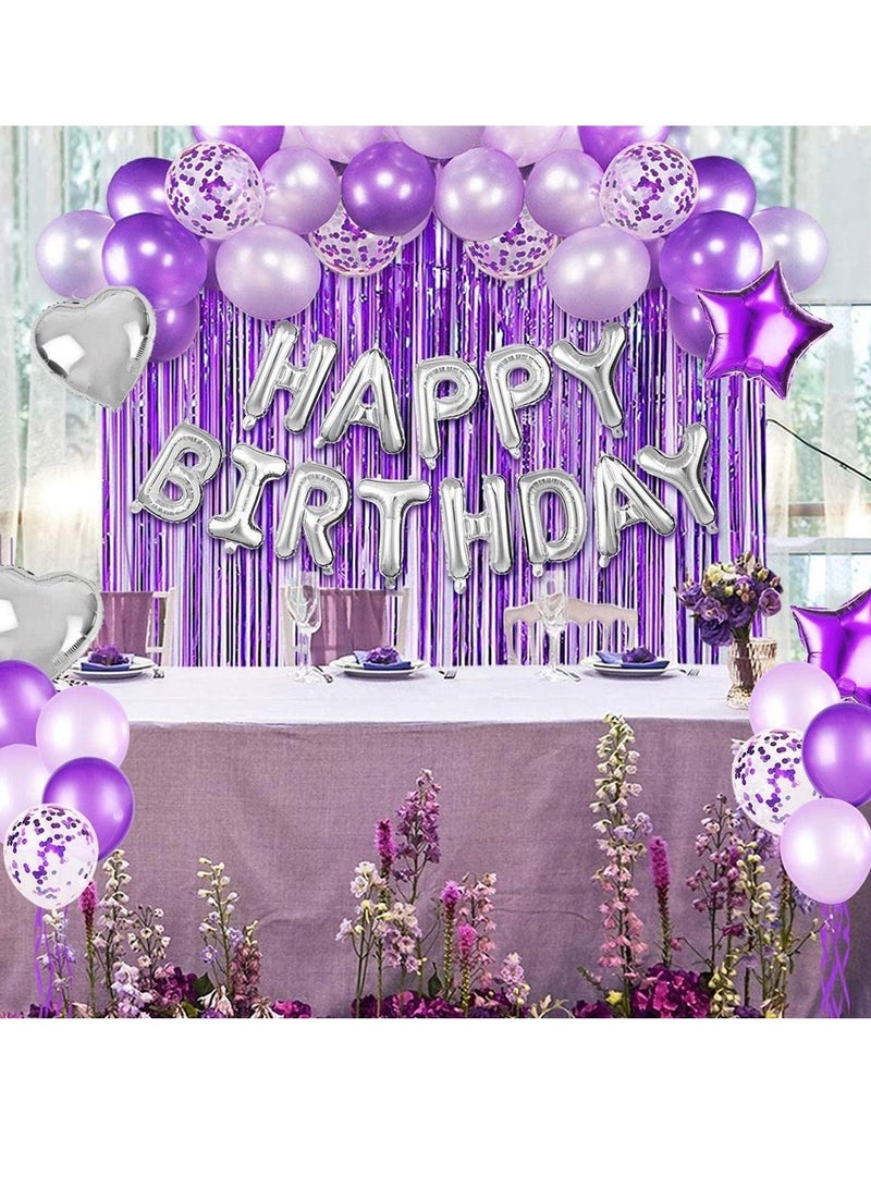 Happy Birthday Party Decorations Set - Purple Balloons, Confetti Balloons, Foil Curtains, and Stars - Image 1