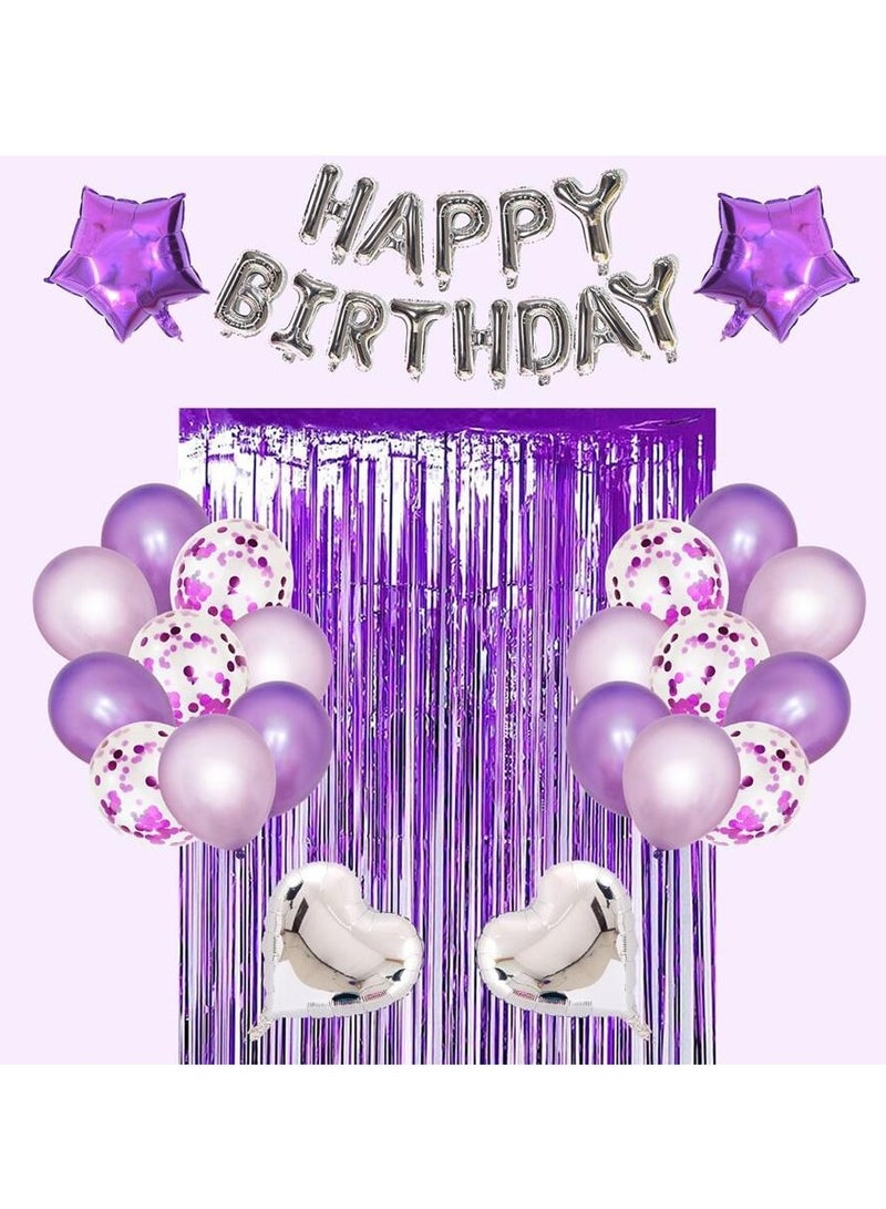 Happy Birthday Party Decorations Set - Purple Balloons, Confetti Balloons, Foil Curtains, and Stars - Image 2