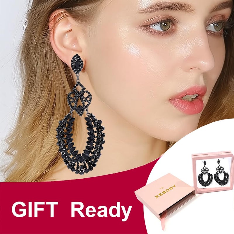 XSBODY Rhinestone Black Dangle Earrings for women Crystal Geometric Drop Statement Earrings Costume Jewelry (A-Black) - Image 4