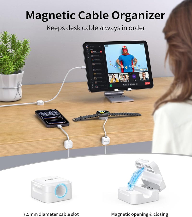 Aeebliay 9 Pack Magnetic Cable Clips Cord Holder, Desk Cable Management Accessories, Adhesive USB Wire Holder Keeper Organizer for Home Office Desk Phone Car Wall Desktop Nightstand - White - Image 2
