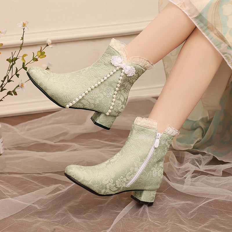 Winter 2024 Supply Low Heel Chinese Style Pearl Edge 28-43 Jacquard Buckle Low Barrel Cheongsam Women'S Boots - Image 5