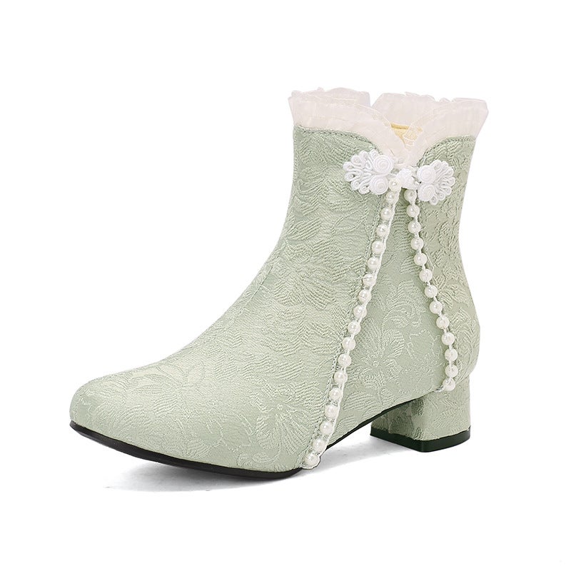 Winter 2024 Supply Low Heel Chinese Style Pearl Edge 28-43 Jacquard Buckle Low Barrel Cheongsam Women'S Boots - Image 1