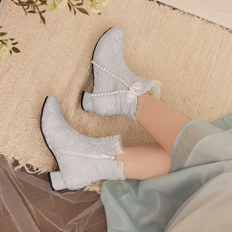 Winter 2024 Supply Low Heel Chinese Style Pearl Edge 28-43 Jacquard Buckle Low Barrel Cheongsam Women'S Boots - Image 4