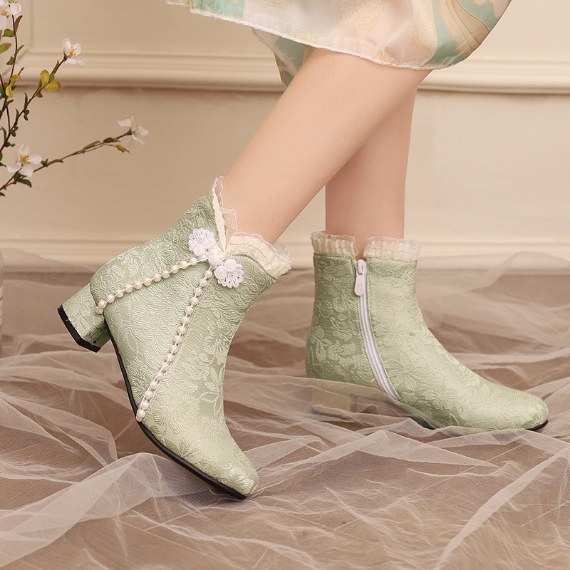 Winter 2024 Supply Low Heel Chinese Style Pearl Edge 28-43 Jacquard Buckle Low Barrel Cheongsam Women'S Boots - Image 2