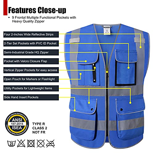 HATAUNKI Class 2 Retro-Reflection Safety Vests 9 Pockets and Front Zipper ANSI/ISEA 107-2015(Blue-3, Medium) - Image 2