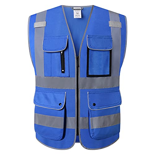 HATAUNKI Class 2 Retro-Reflection Safety Vests 9 Pockets and Front Zipper ANSI/ISEA 107-2015(Blue-3, Medium) - Image 1