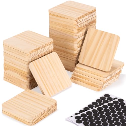Yangbaga 46Pcs Unfinished Wood Coasters-4" Unfinished Natural Wood Slices for Crafts Round with Non-Slip for Wedding Decoration/Blank Coasters Wood Kit DIY Architectural Models Drawing Painting Wood Engraving - Image 1
