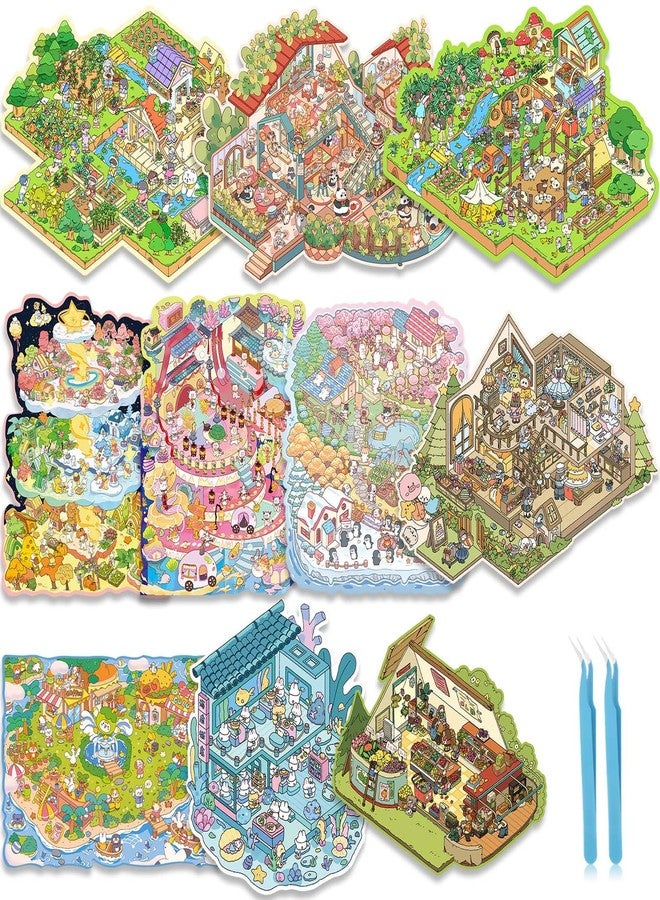 Marspark 10 Sets Large DIY 3D Scene Stickers, Miniature Scene Cute Cartoon House Stickers for Adult, Big DIY 3D Sticker for Relief Stress Pass The Time, Make Your Own Miniature Scenes Mini Room Art - Image 1