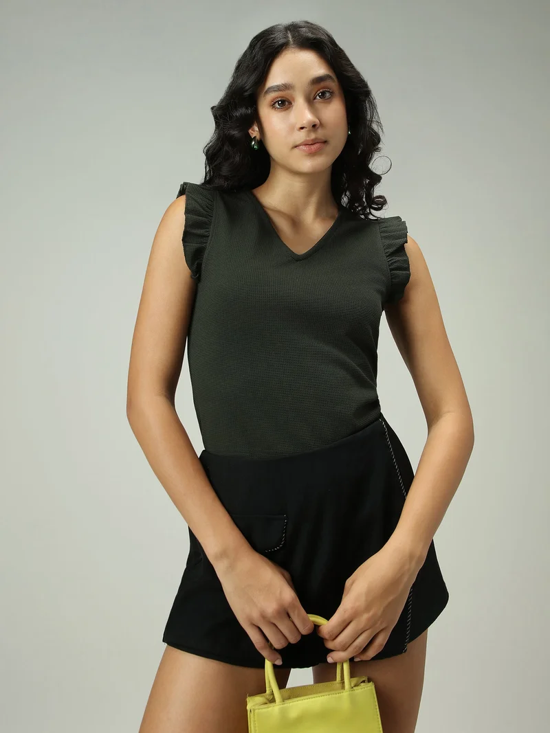 OUTZIDR Olive V Neck Ruffled Short Sleeves Top