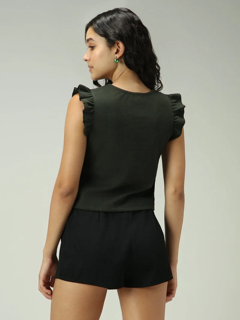 Outzidr  Olive V Neck Ruffled Short Sleeves Top for Women | Best Price UAE