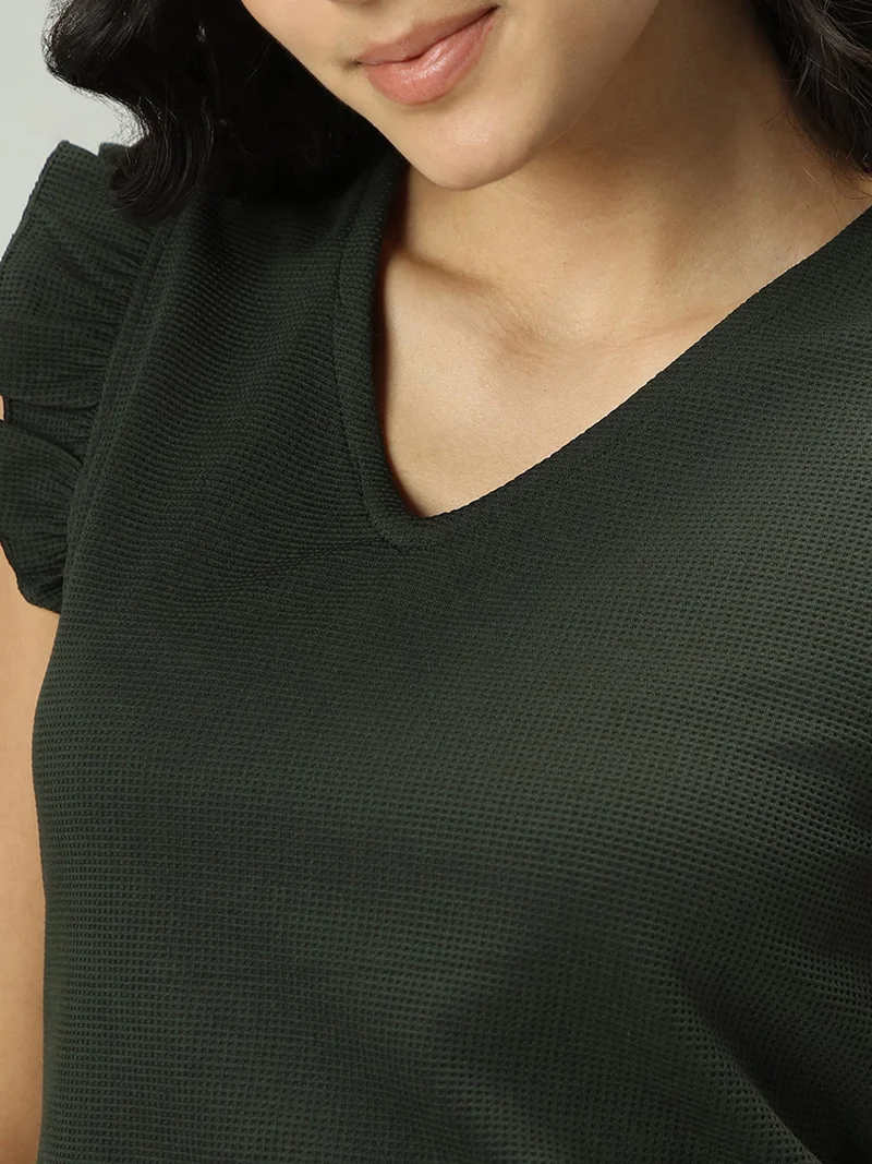Outzidr  Olive V Neck Ruffled Short Sleeves Top for Women | Best Price UAE