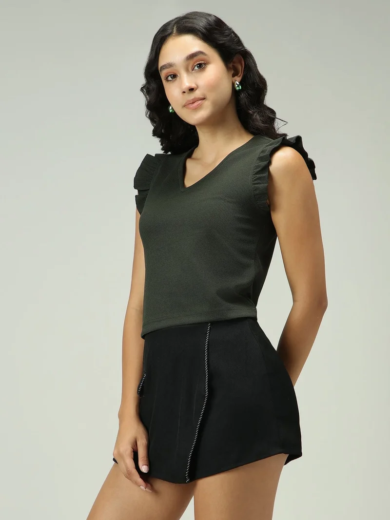 Outzidr  Olive V Neck Ruffled Short Sleeves Top for Women | Best Price UAE