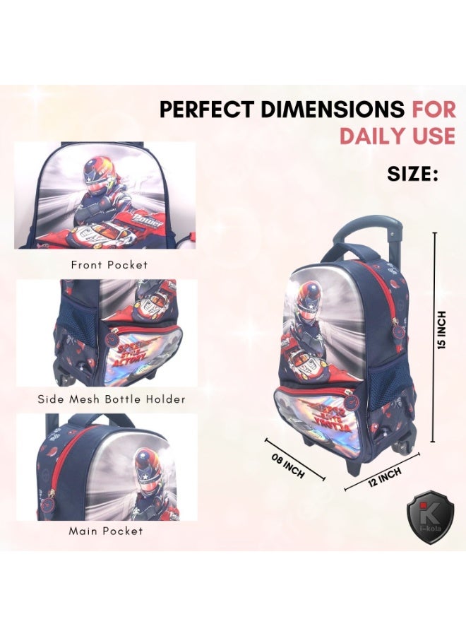 آي-كولا مجموعة حقائب أطفال بعجلات ثلاثية الأبعاد من بلو كارز 15T3، مقاس 15 بوصة، من 3 قطع | حقيبة مدرسية بعجلات مع حقيبة غداء مقاومة للانسكاب وحافظة أقلام | حقائب مدرسية بعجلات للأولاد والبنات (IK355-15T3) - Image 2