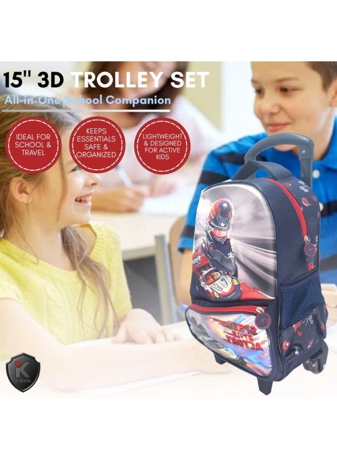 آي-كولا مجموعة حقائب أطفال بعجلات ثلاثية الأبعاد من بلو كارز 15T3، مقاس 15 بوصة، من 3 قطع | حقيبة مدرسية بعجلات مع حقيبة غداء مقاومة للانسكاب وحافظة أقلام | حقائب مدرسية بعجلات للأولاد والبنات (IK355-15T3) - Image 3