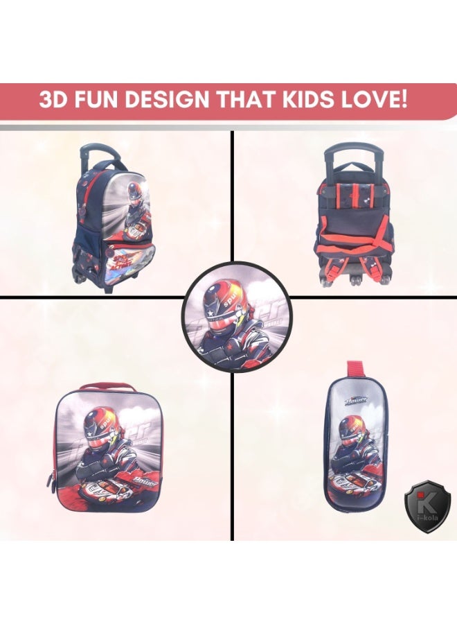 آي-كولا مجموعة حقائب أطفال بعجلات ثلاثية الأبعاد من بلو كارز 15T3، مقاس 15 بوصة، من 3 قطع | حقيبة مدرسية بعجلات مع حقيبة غداء مقاومة للانسكاب وحافظة أقلام | حقائب مدرسية بعجلات للأولاد والبنات (IK355-15T3) - Image 4