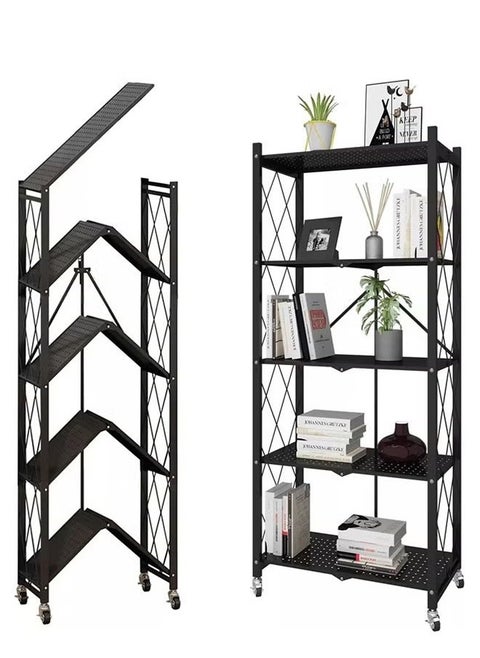 5-Layer Foldable Shelf With Wheels, Free Installation Of Floor-To-Ceiling Storage Racks, With 4 Universal Wheels, Black