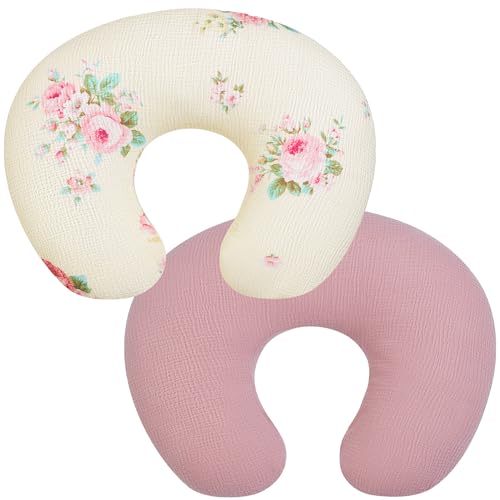 Nayno Nursing Pillow Cover, 2 Pack Muslin Nursing Cover for Breastfeeding Pillows, Infant Nursing Pillow Slipcover for Baby Boy Girl Newborn, 100% Cotton Feeding Pillow Covers, Only Cover (Pink Rose)
