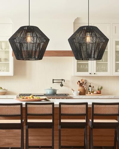 ELYONA 16.5” Large Modern Woven Chandelier Farmhouse Coastal Pendant Light Fixtures Matte Black Handwoven Rattan Basket Shade Boho Pendant Hanging Lamp for Kitchen Dining Room Bedroom Foyer Hallway - Image 4