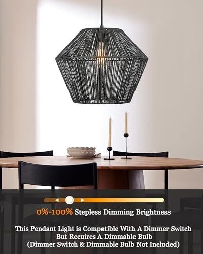 ELYONA 16.5” Large Modern Woven Chandelier Farmhouse Coastal Pendant Light Fixtures Matte Black Handwoven Rattan Basket Shade Boho Pendant Hanging Lamp for Kitchen Dining Room Bedroom Foyer Hallway - Image 2