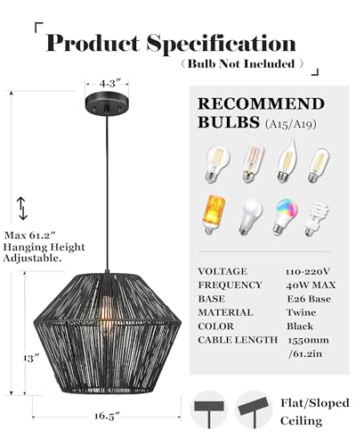 ELYONA 16.5” Large Modern Woven Chandelier Farmhouse Coastal Pendant Light Fixtures Matte Black Handwoven Rattan Basket Shade Boho Pendant Hanging Lamp for Kitchen Dining Room Bedroom Foyer Hallway - Image 3