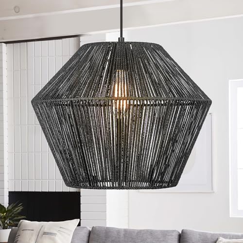 ELYONA 16.5” Large Modern Woven Chandelier Farmhouse Coastal Pendant Light Fixtures Matte Black Handwoven Rattan Basket Shade Boho Pendant Hanging Lamp for Kitchen Dining Room Bedroom Foyer Hallway - Image 1