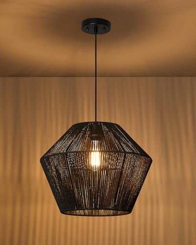 ELYONA 16.5” Large Modern Woven Chandelier Farmhouse Coastal Pendant Light Fixtures Matte Black Handwoven Rattan Basket Shade Boho Pendant Hanging Lamp for Kitchen Dining Room Bedroom Foyer Hallway - Image 5