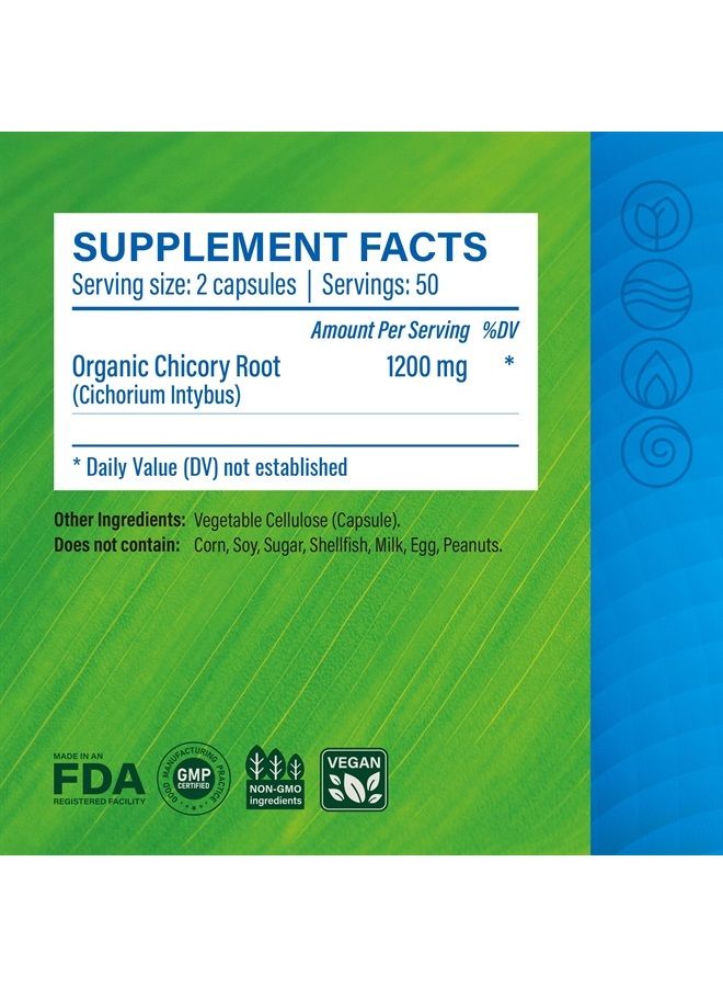 MAUWE HERBS Chicory Root Fiber Capsules - Organic Chicory Root Inulin Pills for Digestive Support - Chicory Powder Herbal Supplement - Vegan - 1200mg, 100 Caps - Image 1