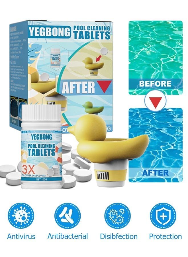 YEGBONG Pool Cleaning Float And Purifier Tablets Kit - 100g Multifunctional Chlorine Tablets - Chlorinating Tablets with Chlorine Floater Dispenser - Long Lasting Chlorinating Tabs - Cleaning Tablets for Swimming Pools, Hot Tubs & Spas & Pool Maintenance - Image 1