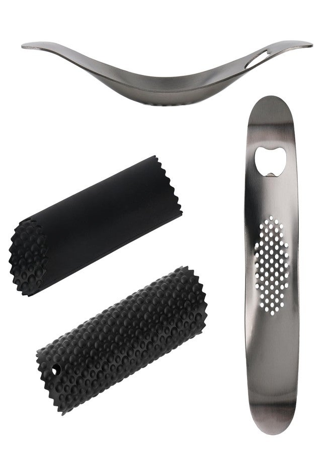 Inxens Garlic Press Rocker Stainless Steel, Manual Garlic Mincer Crusher with Silicone Peeler Set, Heavy Duty Ginger Smasher with Bottle Opener for Kitchen, Dishwasher Safe, Silver & Black - Image 2