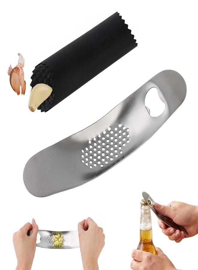 Inxens Garlic Press Rocker Stainless Steel, Manual Garlic Mincer Crusher with Silicone Peeler Set, Heavy Duty Ginger Smasher with Bottle Opener for Kitchen, Dishwasher Safe, Silver & Black - Image 1