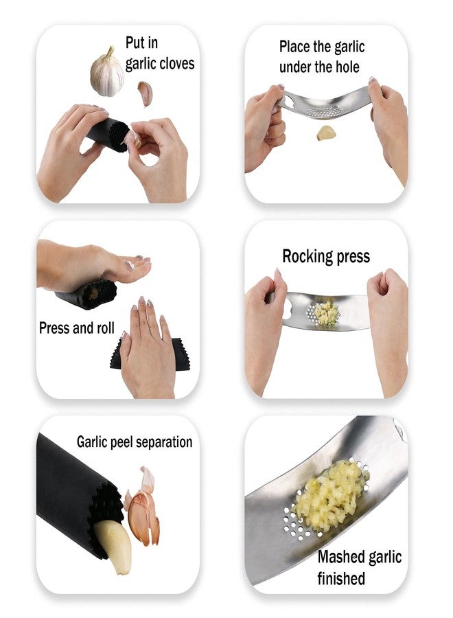 Inxens Garlic Press Rocker Stainless Steel, Manual Garlic Mincer Crusher with Silicone Peeler Set, Heavy Duty Ginger Smasher with Bottle Opener for Kitchen, Dishwasher Safe, Silver & Black - Image 4