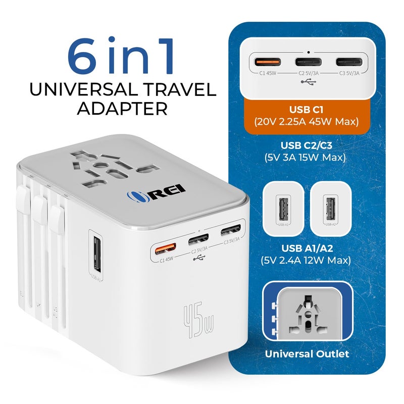 OREI 45Watt Universal Charger Adapter | 3X USBC-2XUSB A | 6-in-1 International Travel Adapter|Universal Travel Adapter Compatible W/Type C, A, G, I - Image 3