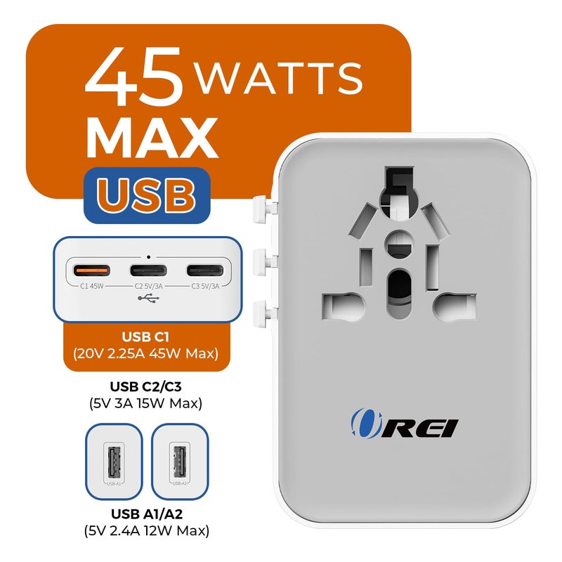 OREI 45Watt Universal Charger Adapter | 3X USBC-2XUSB A | 6-in-1 International Travel Adapter|Universal Travel Adapter Compatible W/Type C, A, G, I - Image 2