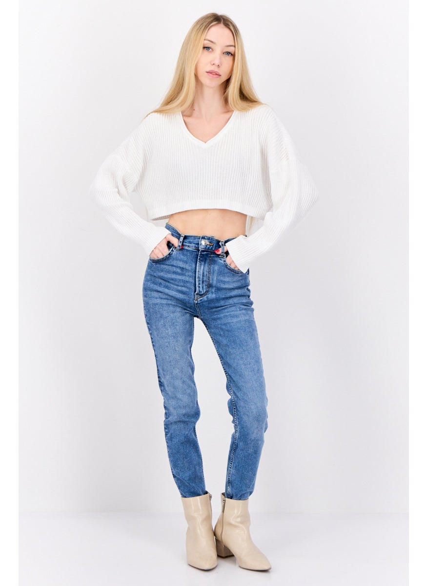 Don't Call Me Jennyfer - Women V-Neck Long Sleeves Crochet Shirt, White - Image 1