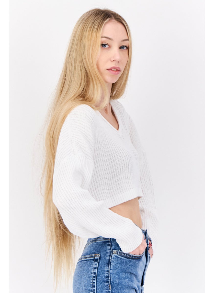 Don't Call Me Jennyfer - Women V-Neck Long Sleeves Crochet Shirt, White - Image 1