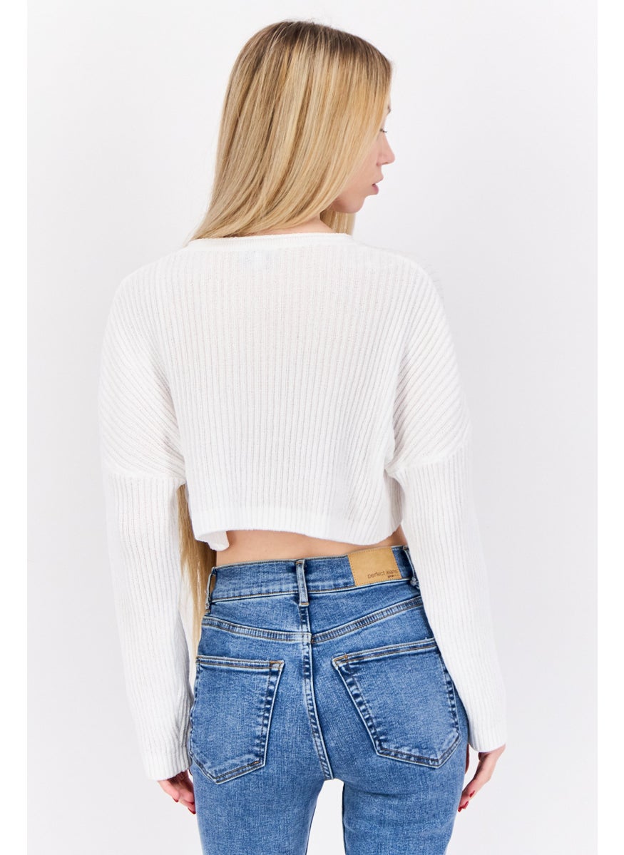 Don't Call Me Jennyfer - Women V-Neck Long Sleeves Crochet Shirt, White - Image 1