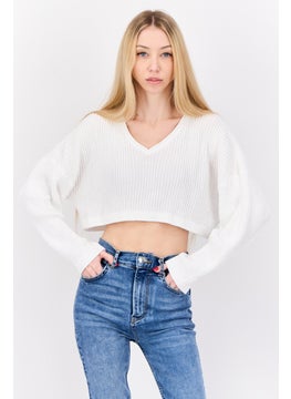 Women V-Neck Long Sleeves Crochet Shirt, White