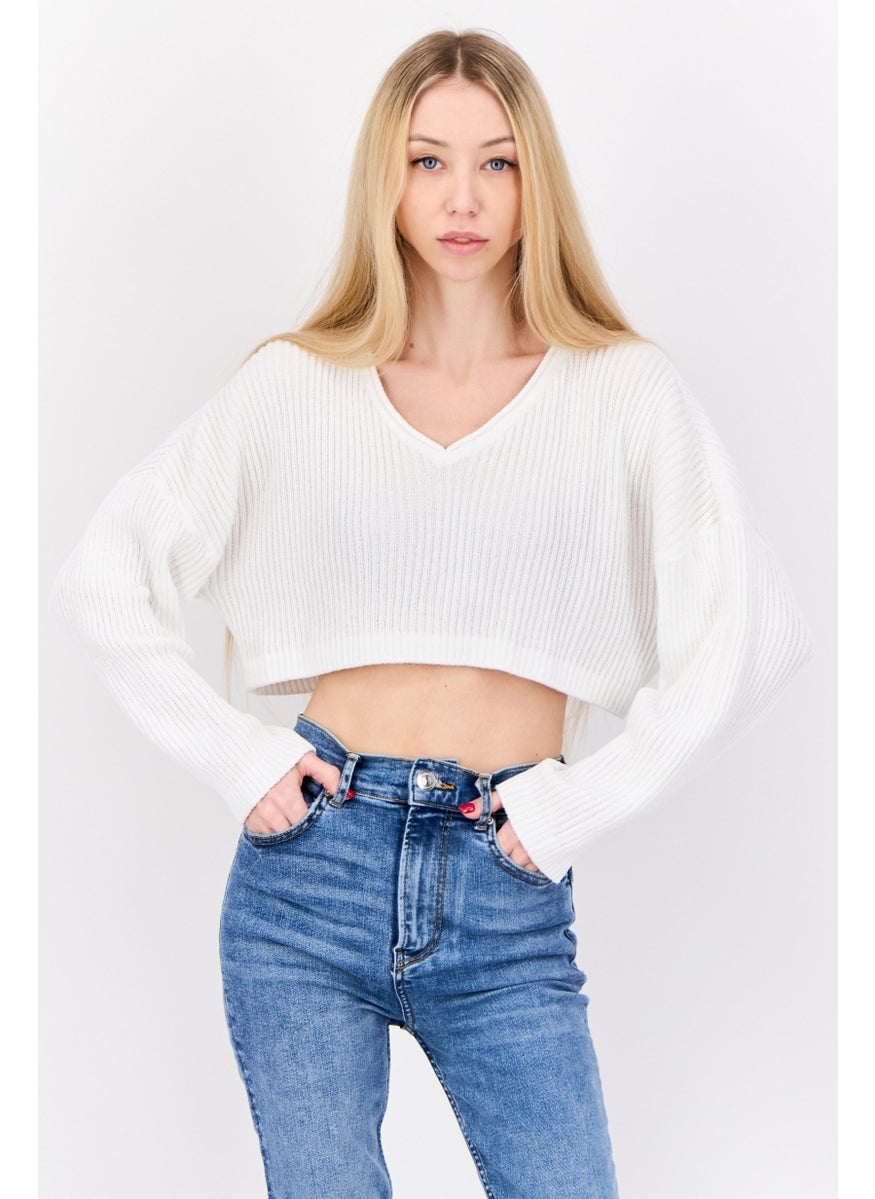 Don't Call Me Jennyfer - Women V-Neck Long Sleeves Crochet Shirt, White - Image 1