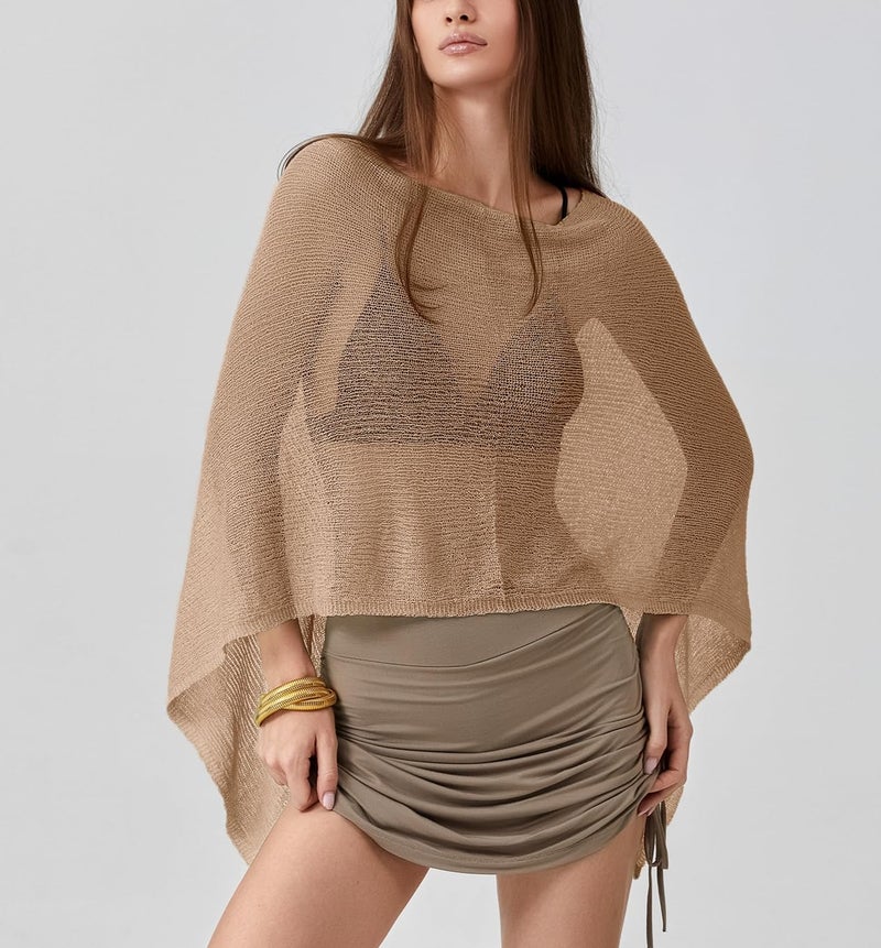 Foidiccx Women Sheer Knit Poncho Y2k See Through Shrug Crochet Mesh Cover Up Lightweight Asymmetrical Beach Shawl Cape Top (brown, ONE SIZE) - Image 4