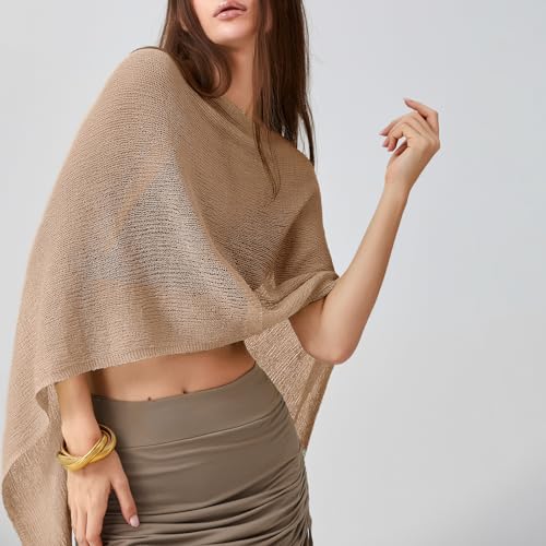 Foidiccx Women Sheer Knit Poncho Y2k See Through Shrug Crochet Mesh Cover Up Lightweight Asymmetrical Beach Shawl Cape Top (brown, ONE SIZE) - Image 2