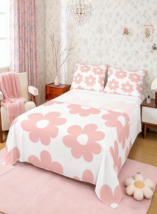 Man Fei Manfei Girly Pink Fitted Sheet Set Full Size 4 Pcs,70s Groovy Daisy Flowers Lightweight Sheets Teens Room Decor,Cute Cartoon Floral Bedding Sets (1 Fitted,1 Flat,2 Pillowcases) - Image 1