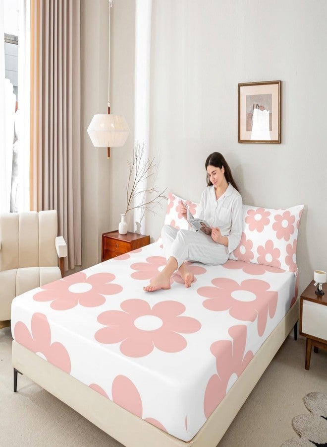 Man Fei Manfei Girly Pink Fitted Sheet Set Full Size 4 Pcs,70s Groovy Daisy Flowers Lightweight Sheets Teens Room Decor,Cute Cartoon Floral Bedding Sets (1 Fitted,1 Flat,2 Pillowcases) - Image 3