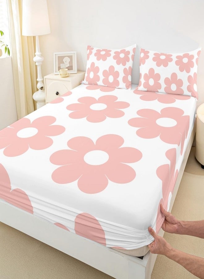 Man Fei Manfei Girly Pink Fitted Sheet Set Full Size 4 Pcs,70s Groovy Daisy Flowers Lightweight Sheets Teens Room Decor,Cute Cartoon Floral Bedding Sets (1 Fitted,1 Flat,2 Pillowcases) - Image 4