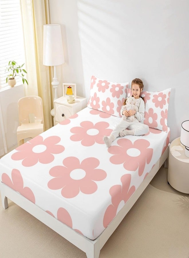 Man Fei Manfei Girly Pink Fitted Sheet Set Full Size 4 Pcs,70s Groovy Daisy Flowers Lightweight Sheets Teens Room Decor,Cute Cartoon Floral Bedding Sets (1 Fitted,1 Flat,2 Pillowcases) - Image 2