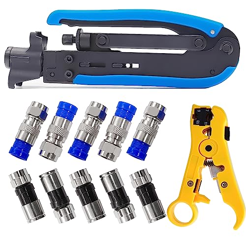 mxuteuk Coax Cable Crimper Kit Adjustable RG6 RG59 RG11 75-5 75-7 Coaxial Compression Tool Fitting Wire Stripper With 10 pcs F Compression Connectors - Image 1