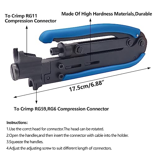 mxuteuk Coax Cable Crimper Kit Adjustable RG6 RG59 RG11 75-5 75-7 Coaxial Compression Tool Fitting Wire Stripper With 10 pcs F Compression Connectors - Image 2