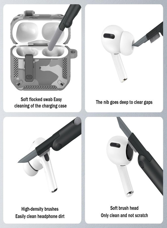 RFUNGUANGO for AirPods Pro Case Cover with Cleaner Kit, Military Hard Shell Protective Armor with Lock for AirPod Pro Charging Case, Front LED Visible,Grey Camouflage - Image 5