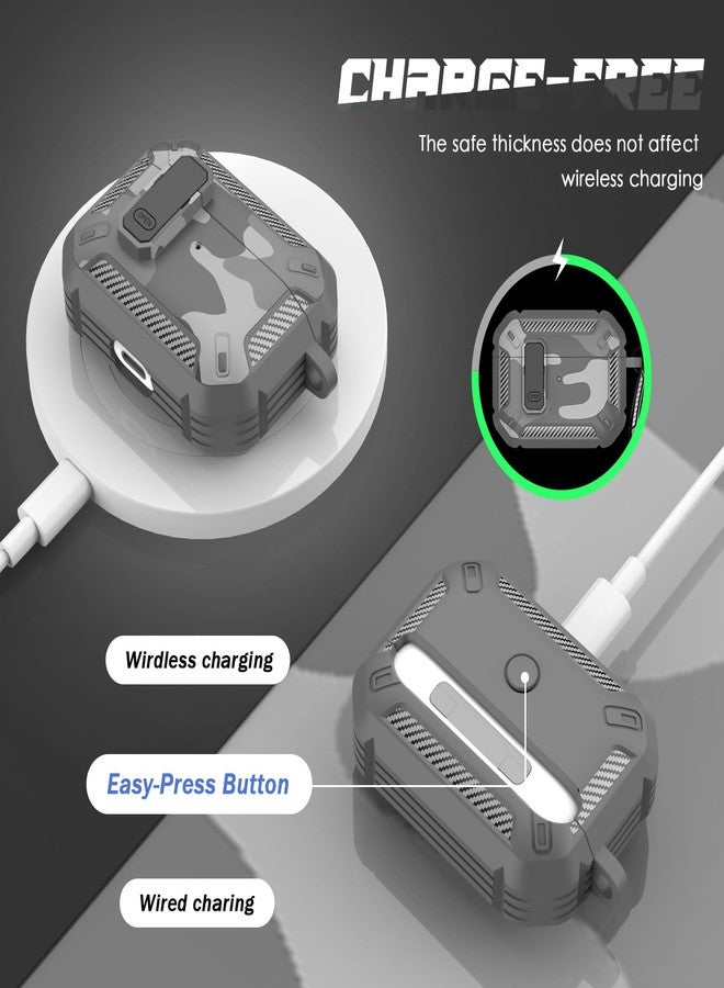 RFUNGUANGO for AirPods Pro Case Cover with Cleaner Kit, Military Hard Shell Protective Armor with Lock for AirPod Pro Charging Case, Front LED Visible,Grey Camouflage - Image 4