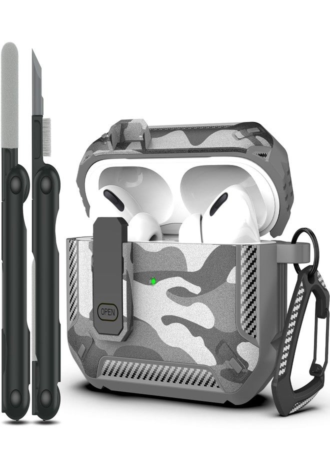 RFUNGUANGO for AirPods Pro Case Cover with Cleaner Kit, Military Hard Shell Protective Armor with Lock for AirPod Pro Charging Case, Front LED Visible,Grey Camouflage - Image 1
