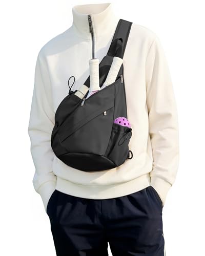 SEAFEW Black Pickleball Crossbody Sling Bag Mens Womens Pickleball Sports Backpack with Water Bottle Holder Adjustable Pickleball - Image 1